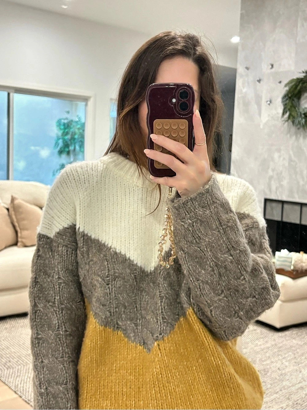 Zara Colorblock Chevron Cable Knit Sweater Cream Gray Mustard M